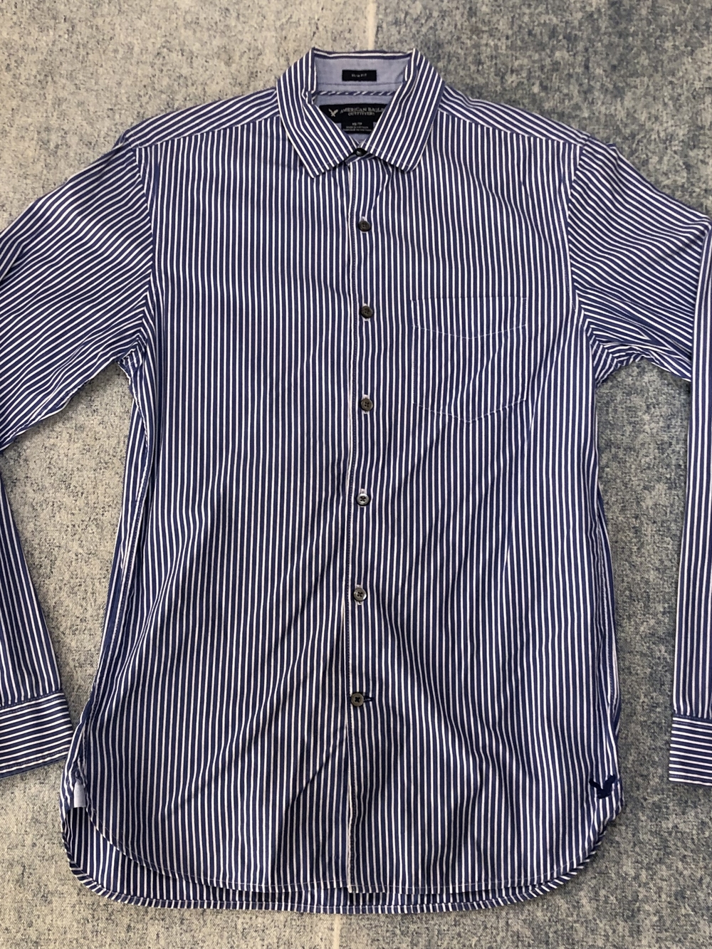 American Eagle Outfitters Men's Navy and White Vertical Stripe Dress Shirt